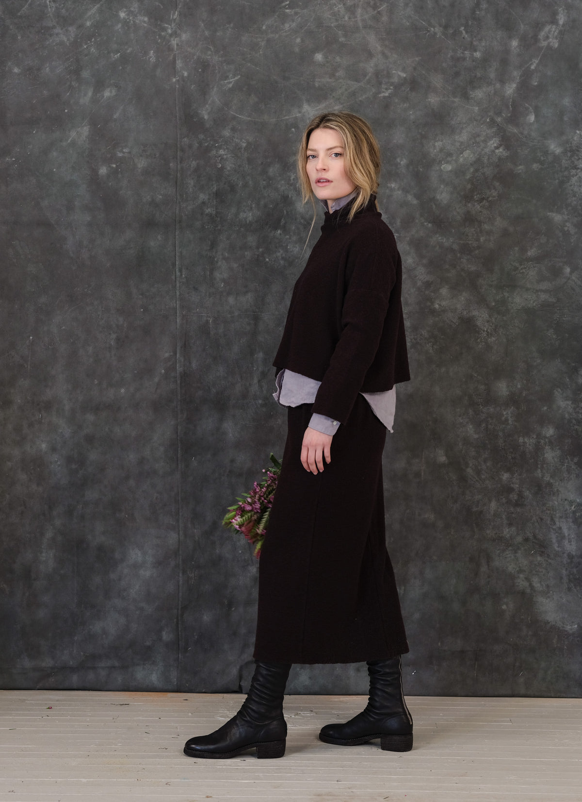 Kate Wool Knit Top in Deep Brown, shown on a model